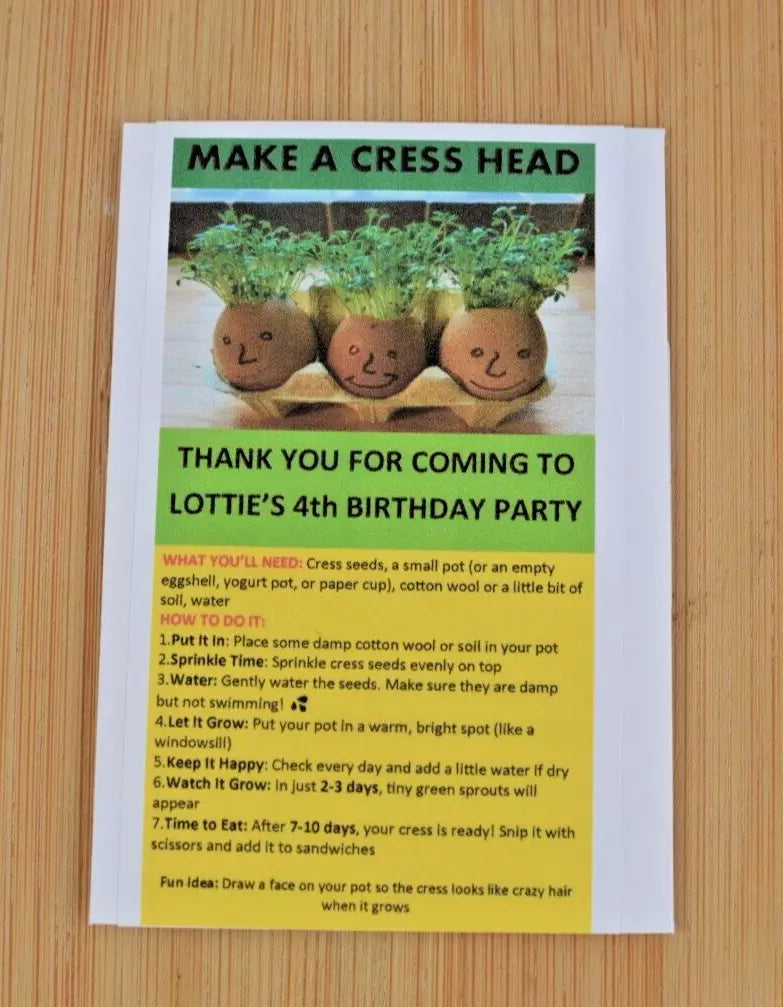 Cress Party Bag Favours Personalised | Childrens Parties | Easter Gift | Cress Heads | Grow Your Own Cress