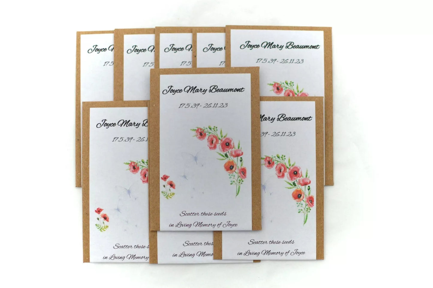 Personalised Funeral, Memorial, Celebration of Life, Remembrance, Wake Seeds (Packs of 10) | Poppy Seeds, Sunflower Seeds or Wildflower Seeds in Personalised Packets