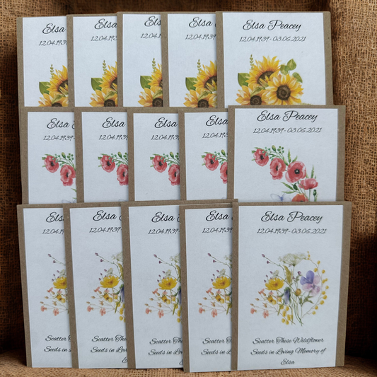 Personalised Funeral, Memorial, Celebration of Life, Remembrance, Wake Seeds (Packs of 10) | Poppy Seeds, Sunflower Seeds or Wildflower Seeds in Personalised Packets
