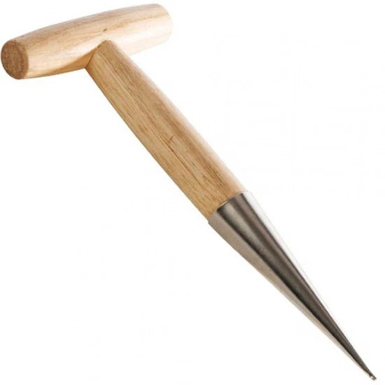 Wooden Handle Carbon Steel Garden Dibber – Bulb & Seed Planting Tool - Hole Puncher for Soil and Compost