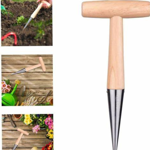 Wooden Handle Carbon Steel Garden Dibber – Bulb & Seed Planting Tool - Hole Puncher for Soil and Compost