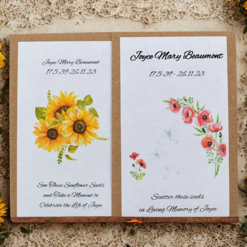 Personalised Funeral, Memorial, Celebration of Life, Remembrance, Wake Seeds (Packs of 10) | Poppy Seeds, Sunflower Seeds or Wildflower Seeds in Personalised Packets