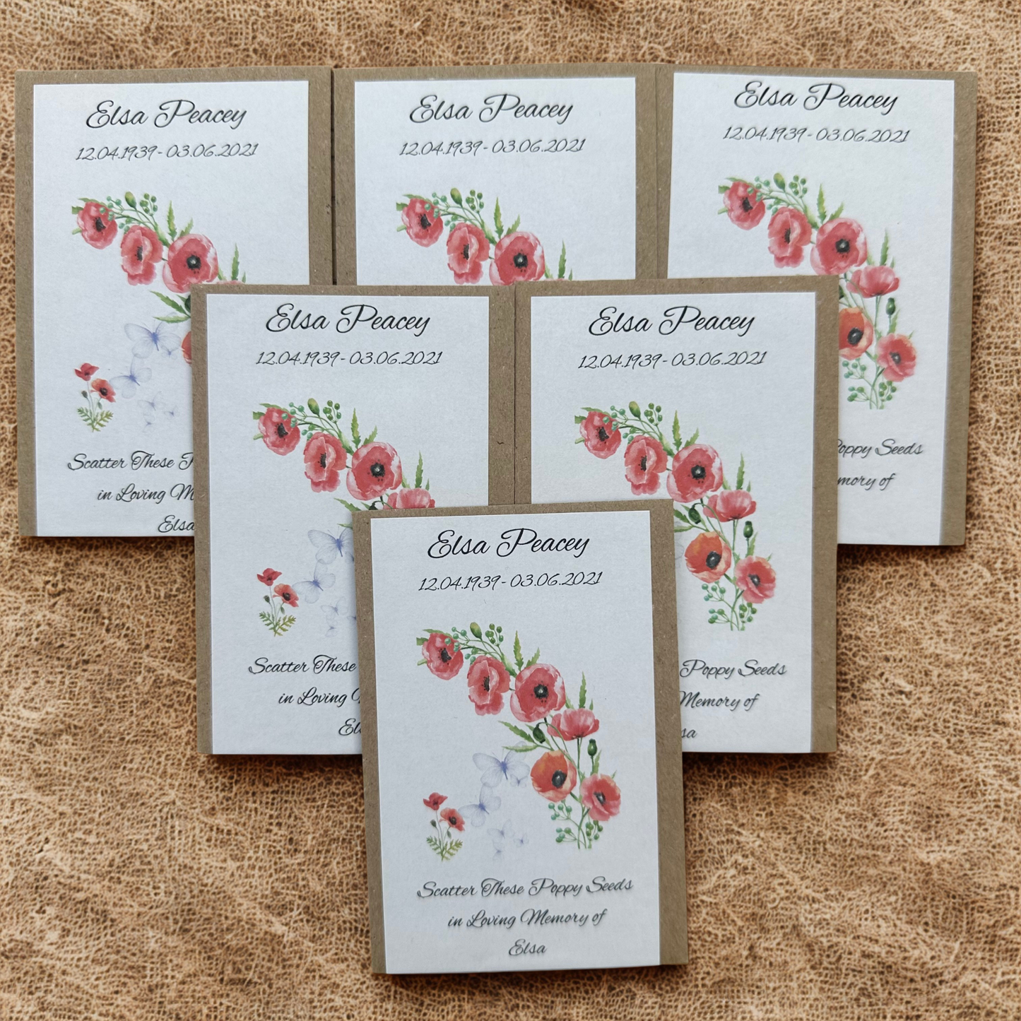 Personalised Funeral, Memorial, Celebration of Life, Remembrance, Wake Seeds (Packs of 10) | Poppy Seeds, Sunflower Seeds or Wildflower Seeds in Personalised Packets